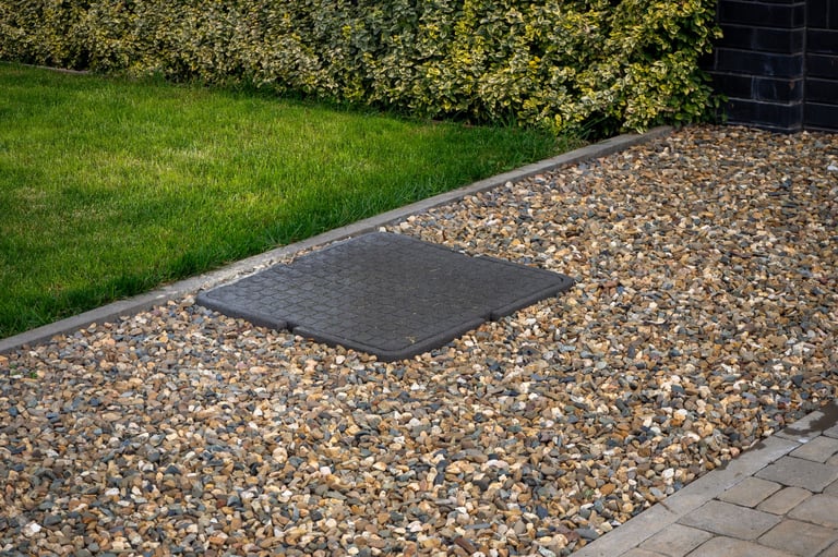 Rectangular utility access cover in gravel bed beside green lawn