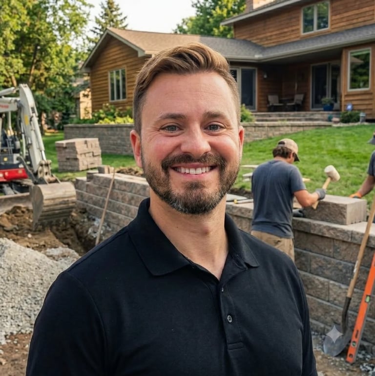 Man in black polo shirt smiling at camera during outdoor home landscaping project with stone wall construction